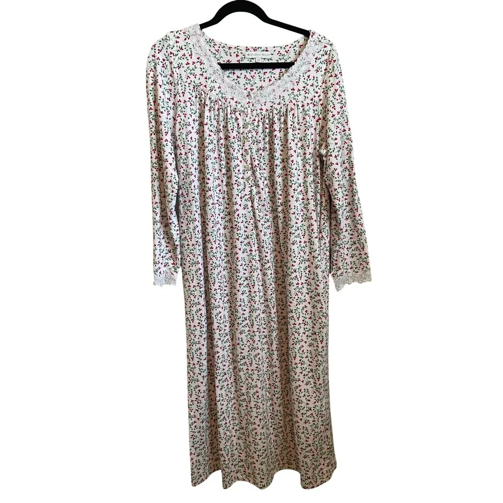 Eileen West Floral Berry Lace Trim Long Sleeve Nightgown White Red Medium